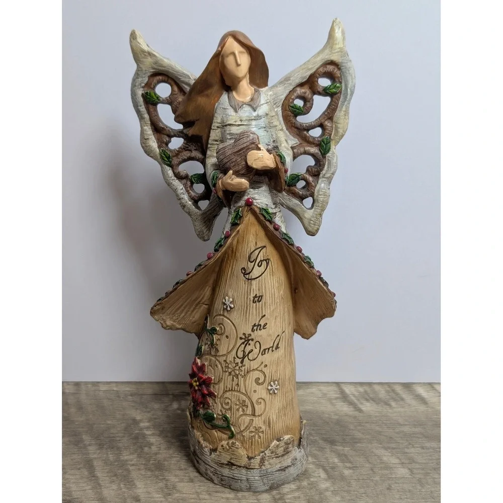 Joy to the World Birch Bark Christmas Angel Figurine Rustic Holiday Decor